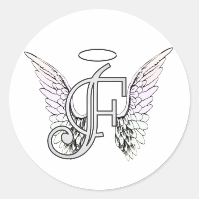 Letter F Initial Monogram mit Angel Wings & Halo Runder Aufkleber (Vorderseite)