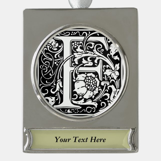 Letter F Mittelalterliche Monogram Art Nouveau Banner-Ornament Silber (Vorderseite)