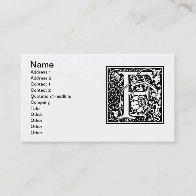Letter F Mittelalterliche Monogram Art Nouveau Visitenkarte (Vorderseite)