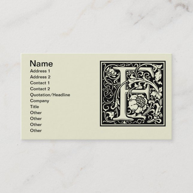 Letter F Mittelalterliche Monogram Art Nouveau Visitenkarte (Vorderseite)