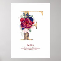 Letter F Monogram Floral Navy Blue and Burgundy