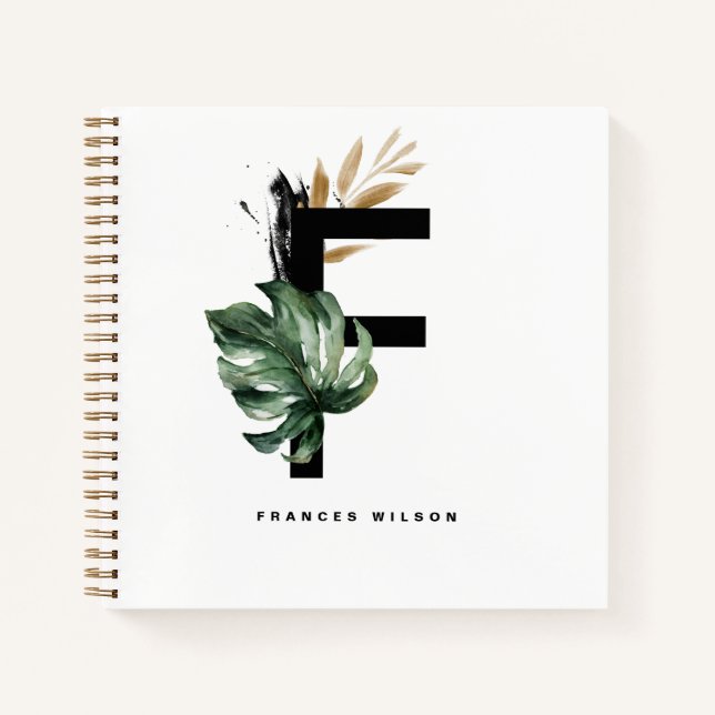 Letter F Monogram | Personalisierte tropische Blät Notizbuch (Vorderseite)