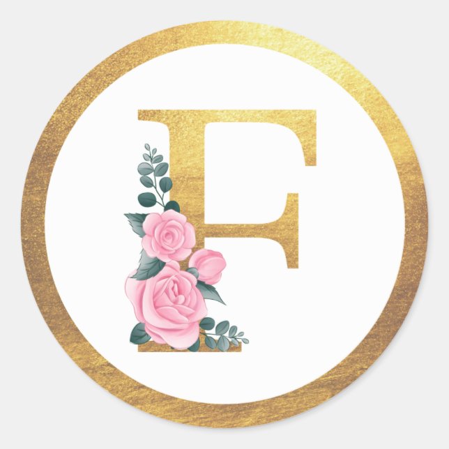 Letter F Monogram Pink Roses Floral & Elegante Gol Runder Aufkleber (Vorderseite)