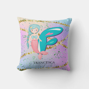 Letter F Monogram Watercolor Niedlich Mermaid Kind Kissen