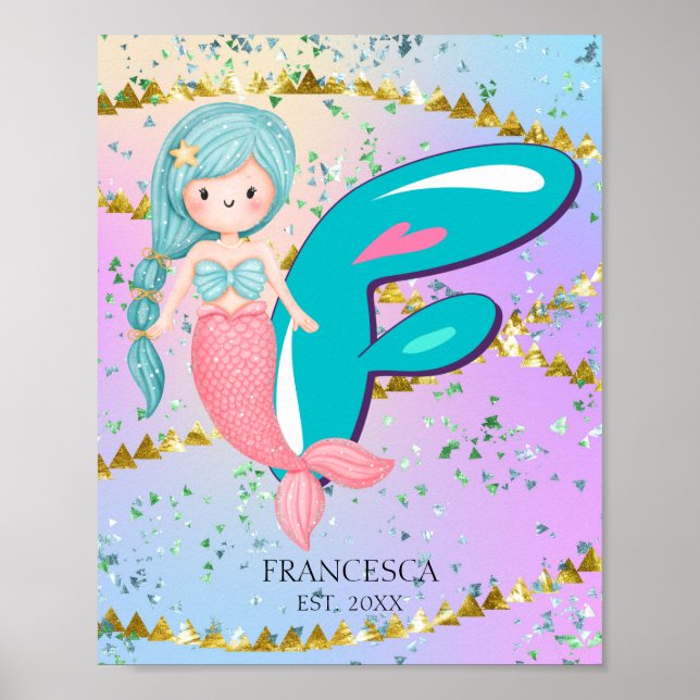 Letter F Monogram Watercolor Niedlich Mermaid Kind Poster (Vorne)