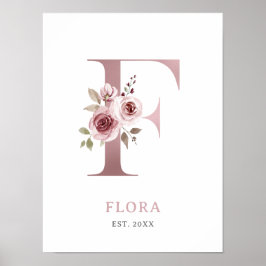Letter F Monogram Watercolor Rose Florals Kinderzi Poster