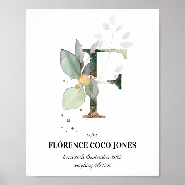 Letter F New Baby Monogram Birth Print Green Poster (Vorne)