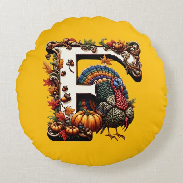Letter f Thanksgiving gift style  Rundes Kissen (Vorderseite)