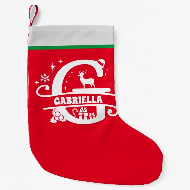 Letter G Christmas Monogram, Anfangsname Red White Kleiner Weihnachtsstrumpf (Vorderseite)