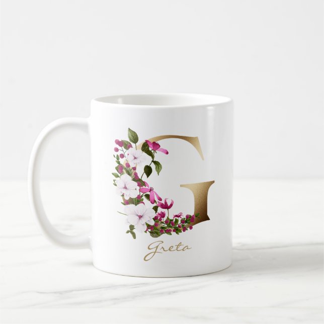 Letter G Gold Monogram |White Magenta Green Floral Kaffeetasse (Links)