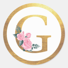Letter G Monogram Roses Floral & Elegant Gold Runder Aufkleber
