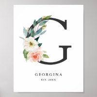 Letter G Monogram Watercolor Peach Florals Kinderz