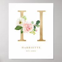 Letter H Blush Bloral Monogram Gold Foil Kinderzim