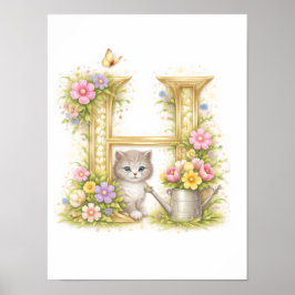 Letter H Gold Spring Nature Monogram Kitten Kids  Poster