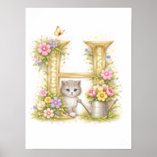 Letter H Gold Spring Nature Monogram Kitten Kids  Poster (Vorne)