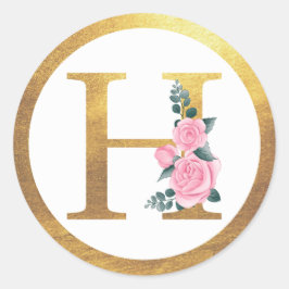 Letter H Monogram Roses Floral & Elegant Gold Runder Aufkleber
