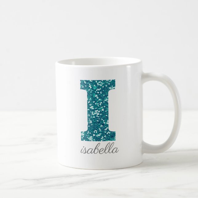 Letter I Aqua Glitzer Monogram Tasse (Rechts)