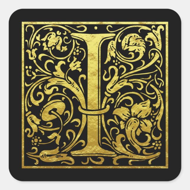Letter I First Letter Imitate Gold Black Quadratischer Aufkleber (Vorderseite)
