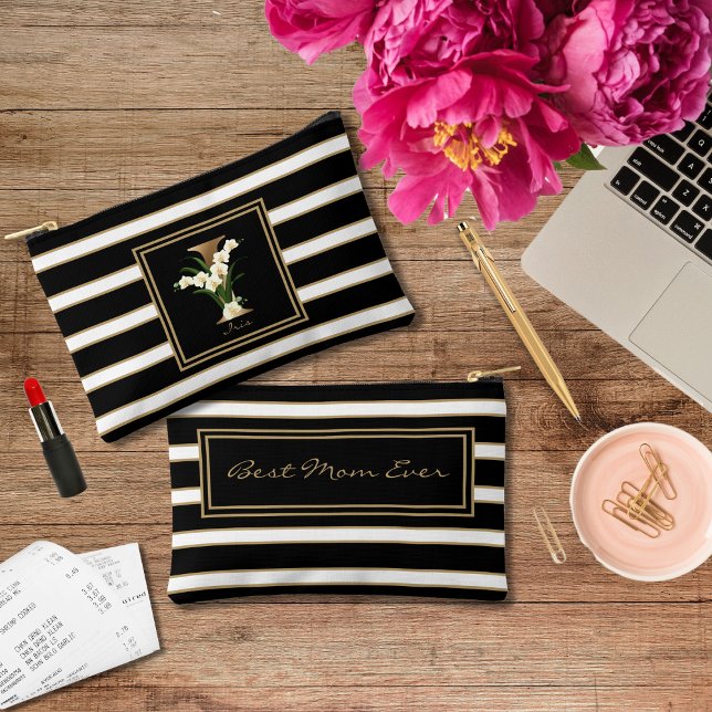 Letter I Floral Monogram Schwarz-weiße Streifen Zubehörtasche (Von Creator hochgeladen)