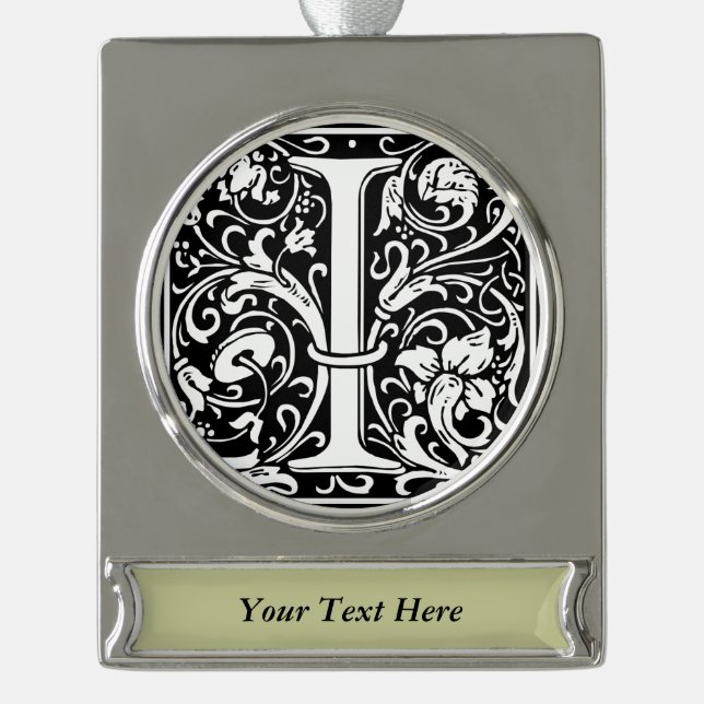 Letter I Medival Monogram Art Nouveau Banner-Ornament Silber (Vorderseite)