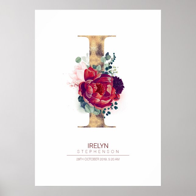 Letter I Monogram Floral Burgundy Red and Gold Poster (Vorne)