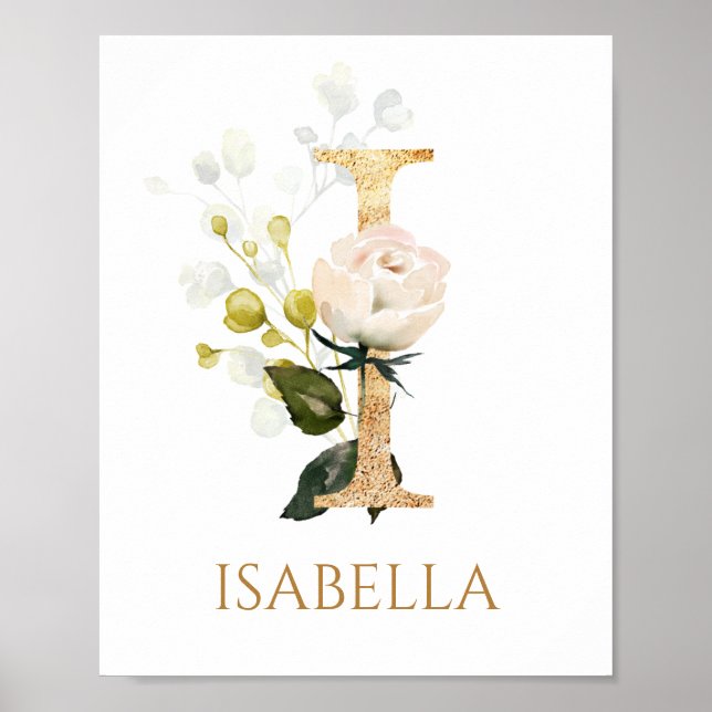 Letter I Monogram white creme Rose Kinderzimmer Po Poster (Vorne)