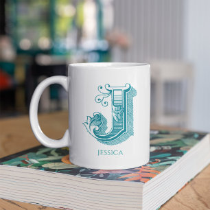 Letter J Aquamarin Monogram Modern Name Coffee Tas Kaffeetasse