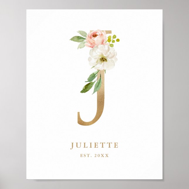 Letter J Blush Bloral Monogram Gold Foil Kinderzim Poster (Vorne)