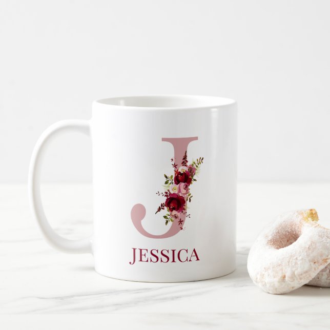 Letter J Burgundy Blush Floral Kaffeetasse (Mit Donut)