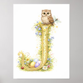 Letter J Gold Spring Nature Monogram Owl Kids  Poster