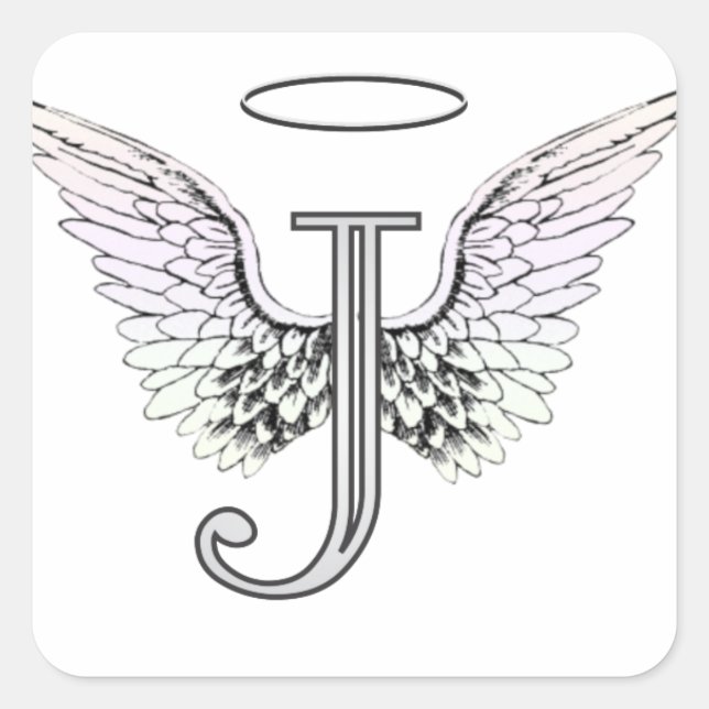 Letter J Initial Monogram mit Angel Wings & Halo Quadratischer Aufkleber (Vorderseite)