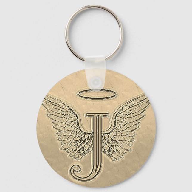 Letter J Initial Monogram mit Angel Wings & Halo Schlüsselanhänger (Vorderseite)