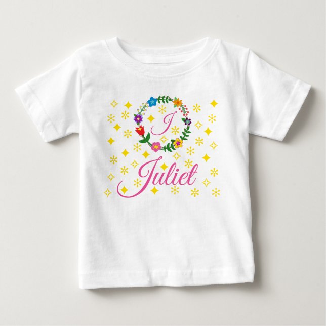 Letter J, Juliet, T-Shirt, Blume und Sterne Baby T-shirt (Vorderseite)
