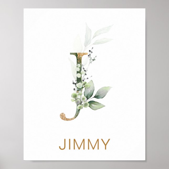 Letter J Monogram Green & gold foliing Kinderzimme Poster (Vorne)