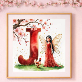 Letter J Rooster Cherry Blossom Fairy Poster Art