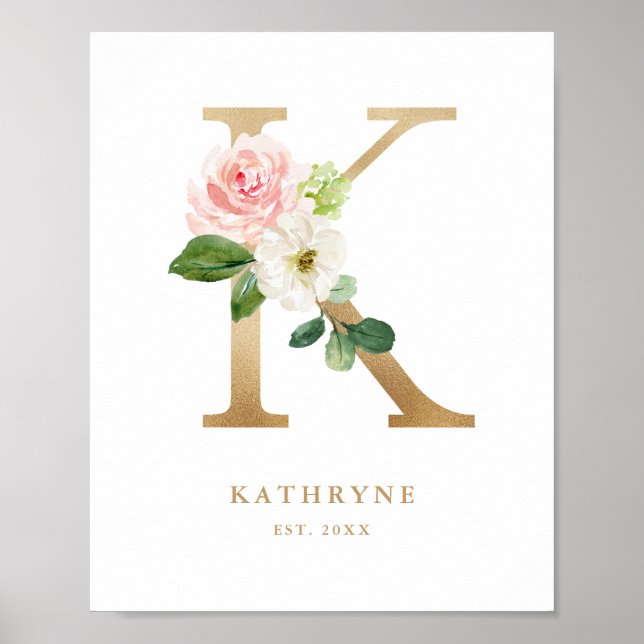 Letter K Blush Floral Monogram Gold Foil Kinderzim Poster (Vorne)