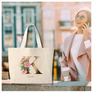 Letter K Elegant Floral Gold Monogram Pink Roses Jumbo Stoffbeutel