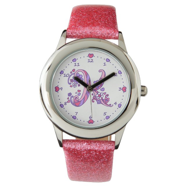 Letter K erste monogramm doodle Herzmädchen beobac Armbanduhr (Vorderseite)