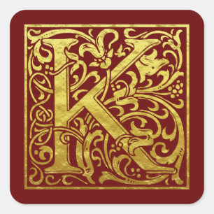 Letter K First Letter Imitats Gold Red Quadratischer Aufkleber