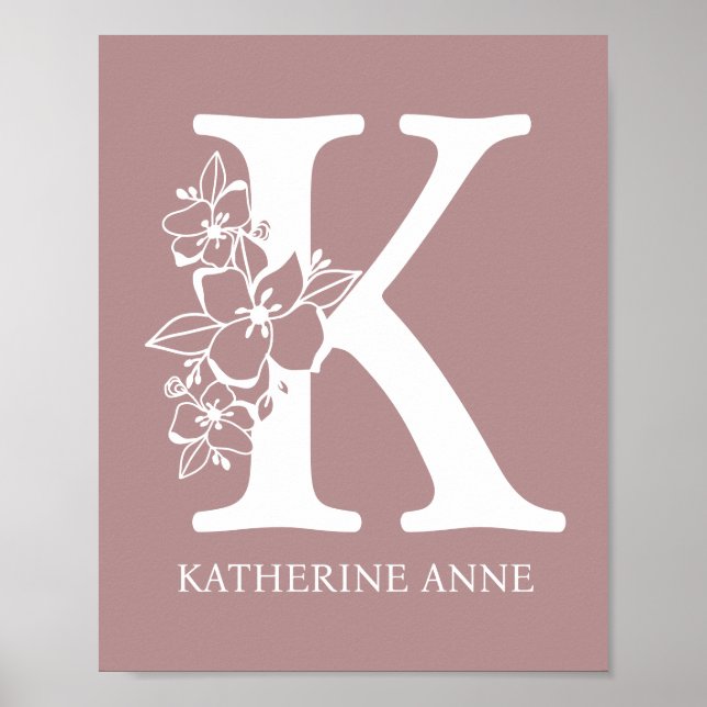 Letter K Floral Monogram Name Nursery Modern Poster (Vorne)