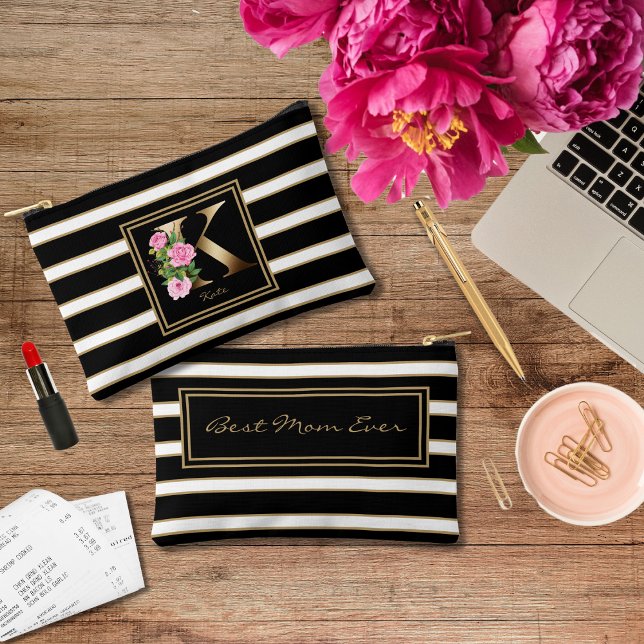 Letter K Floral Monogram Schwarz-weiße Streifen Zubehörtasche (Von Creator hochgeladen)