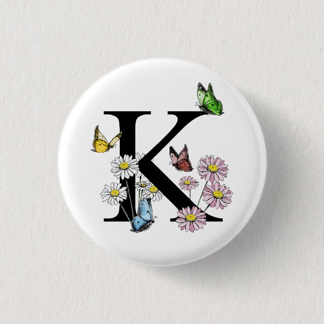 Letter K Floral Watercolor Butterfly Monogram Button (Vorderseite)