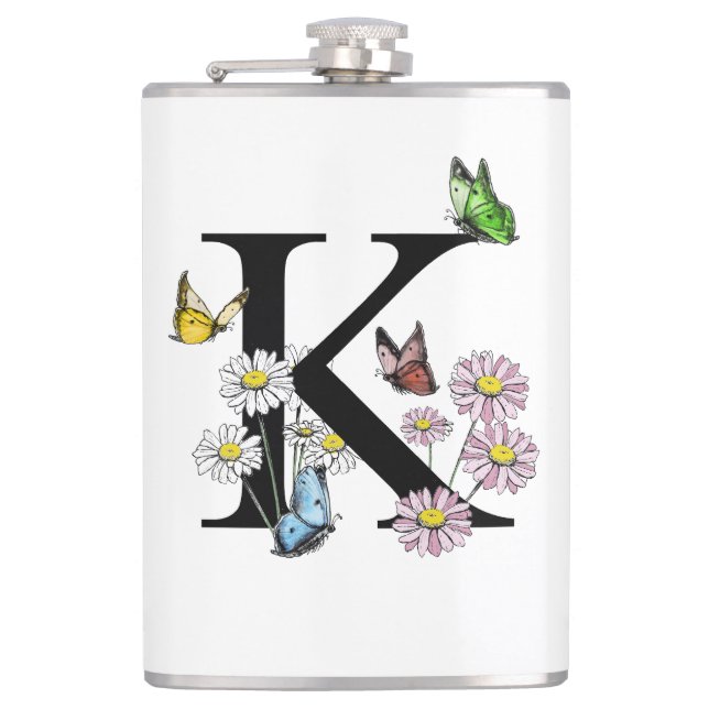 Letter K Floral Watercolor Butterfly Monogram Flachmann (Vorderseite)