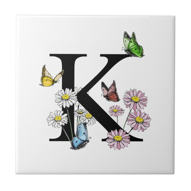 Letter K Floral Watercolor Butterfly Monogram Fliese (Vorderseite)