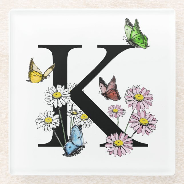 Letter K Floral Watercolor Butterfly Monogram Glasuntersetzer (Vorderseite)