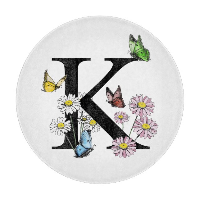 Letter K Floral Watercolor Butterfly Monogram Schneidebrett (Vorderseite)