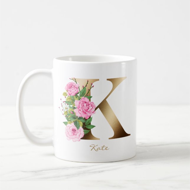Letter K Gold Monogram | Roses Floral Kaffeetasse (Links)