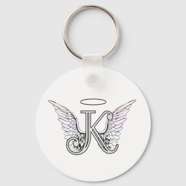 Letter K Initial Monogram mit Angel Wings & Halo Schlüsselanhänger (Vorderseite)