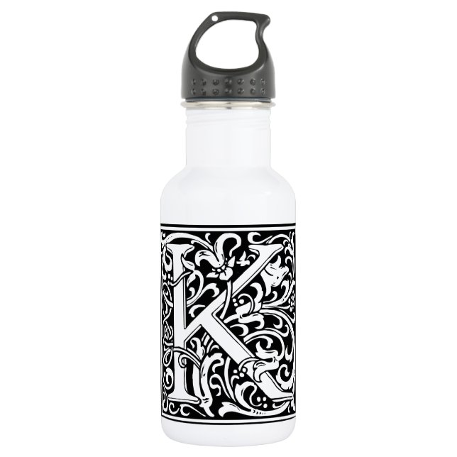 Letter K Medieval Monogram Art Nouveau Edelstahlflasche (Vorderseite)