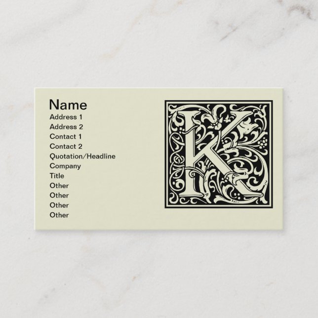Letter K Medieval Monogram Art Nouveau Visitenkarte (Vorderseite)